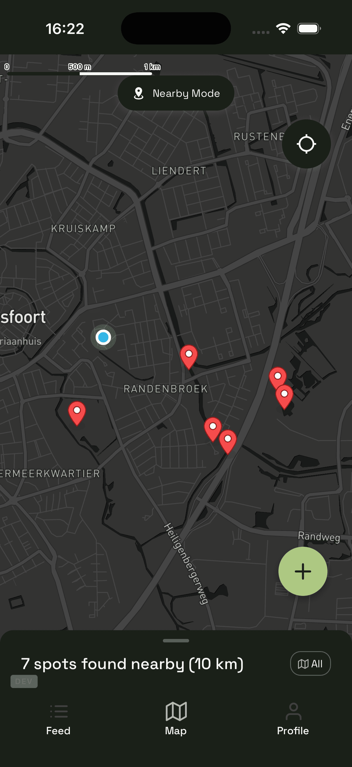 Dark map view with nearby spots pinned