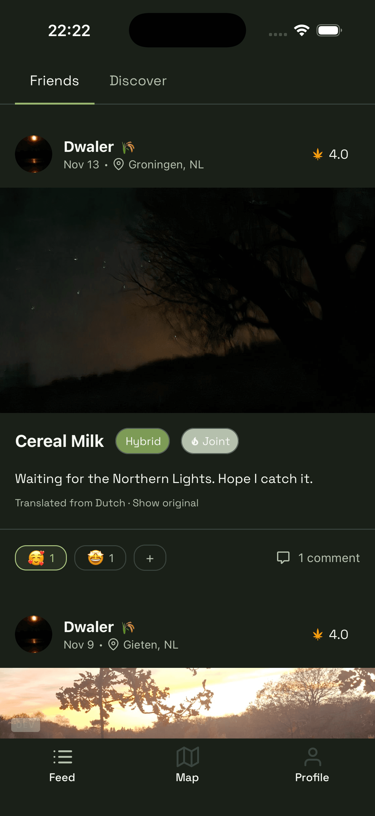 Wietly app showing friends feed with check-ins